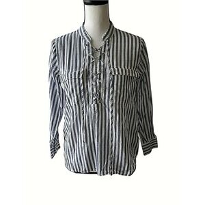 Madewell Size XS Blue and White Striped Lace Up Front Peasant Blouse Top